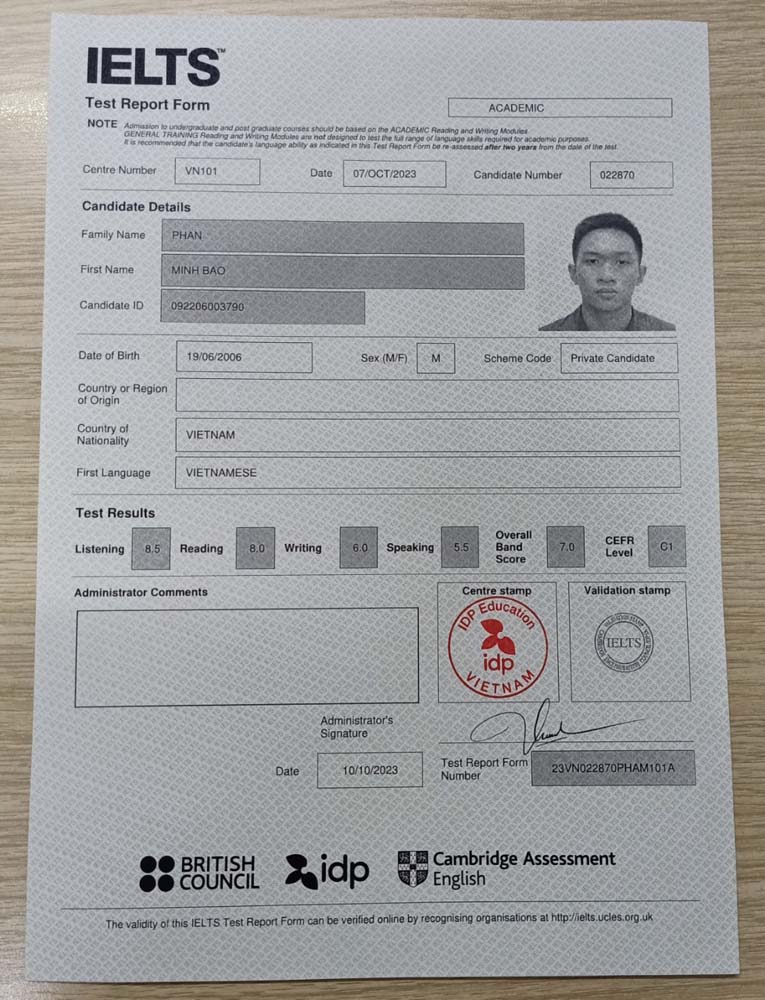 Điềm số IELTS của Minh Bảo